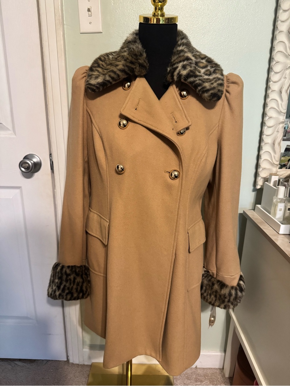 INC International Concepts Camel Double-Breasted Pea Coat with Leopard Trim